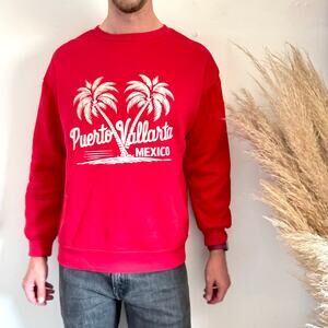 NEW Puerto Vallarta Mexico Red White Palm Tree Crew Neck Sweater Sweatshirt L
